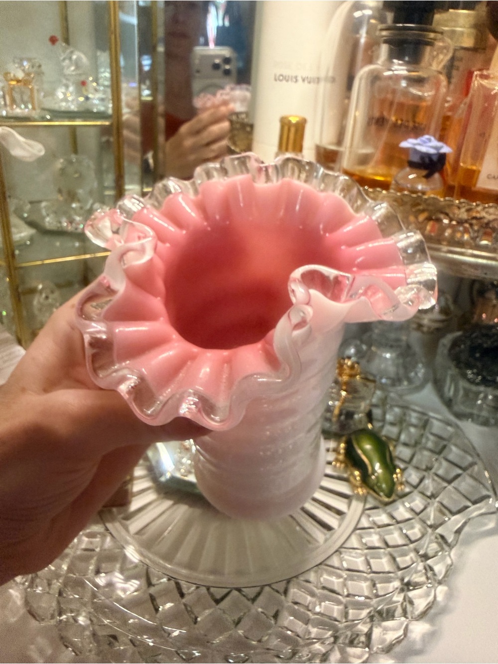 Fenton Pink Ruffled Vase/Makeup Brush Holder - Brand: Fenton Milk Glass EUC